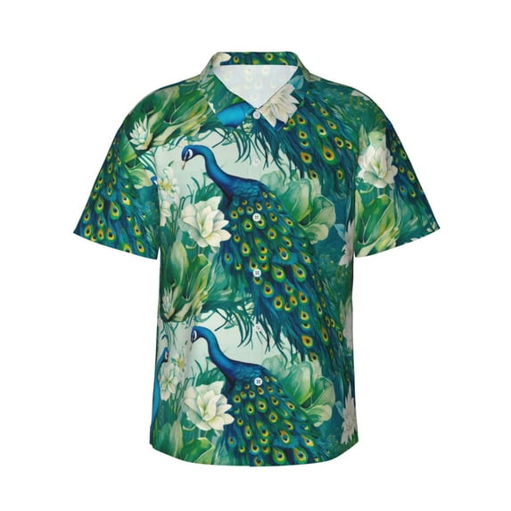 Honeii Peacock And Flowers Print Men’s Hawaiian Shirt,Classic Button-Down Short Sleeve Shirt, for Beach, Vacation, and Outdoor Activities,Small