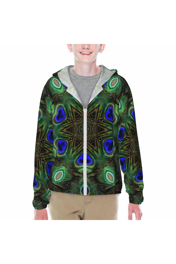 Peacock Feathers Print Sun Protection Jacket Hooded Cooling Shirt with Pockets Hiking Outdoor Performance-X-Large