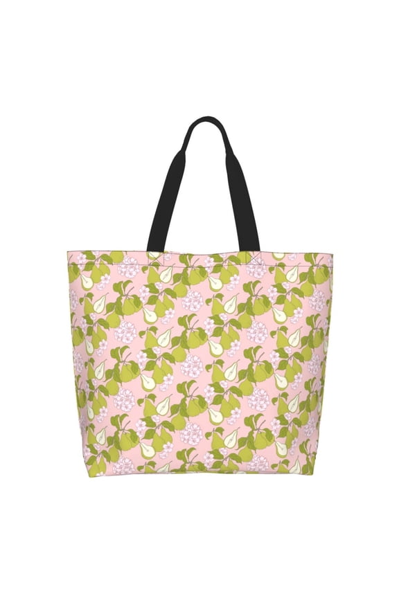 Pears And Flower Print Tote Bag for Women, Foldable Tote Bag Large Shoulder Bag Top Handle Handbag for Travel, Work