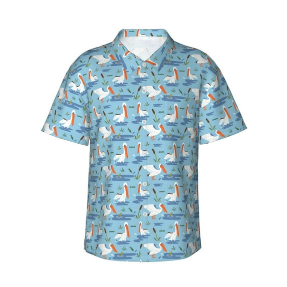 Honeii Pelican Reed And Fish Print Men’s Hawaiian Shirt,Classic Button-Down Short Sleeve Shirt, for Beach, Vacation, and Outdoor Activities,XX-Large