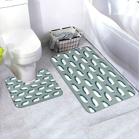 Honeii Penguin Pattern Bathroom Anti-Skid Pad Bathroom Mat Vintage Seamless Pattern Not-Slip Toilet Rug Set
