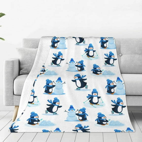 Honeii Penguin Winter Fun Print Fleece Blanket - Throw Blanket for Bed, Sofa, Couch, Camping, and Travel , Microplush Ultra Soft Warm Blanket-40"x30"