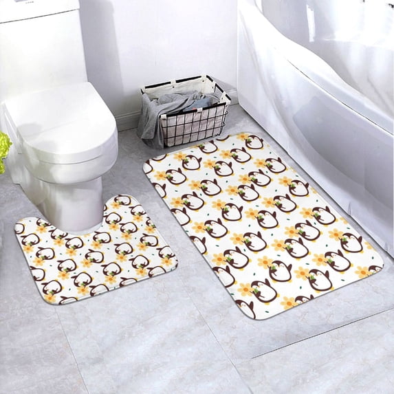 Honeii Penguin With Flowers Pattern Bathroom Anti-Skid Pad Bathroom Mat Vintage Seamless Pattern Not-Slip Toilet Rug Set