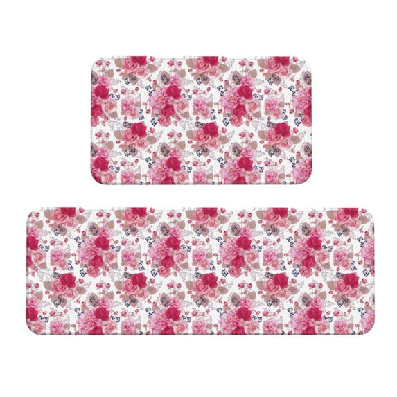 Honeii Peonies And Roses Print Kitchen Mat [2 PCS] for Floor, Waterproof Non-Slip Rugs, Kitchen Decor,Standing Mat for Floor,Office, Sink, Laundry