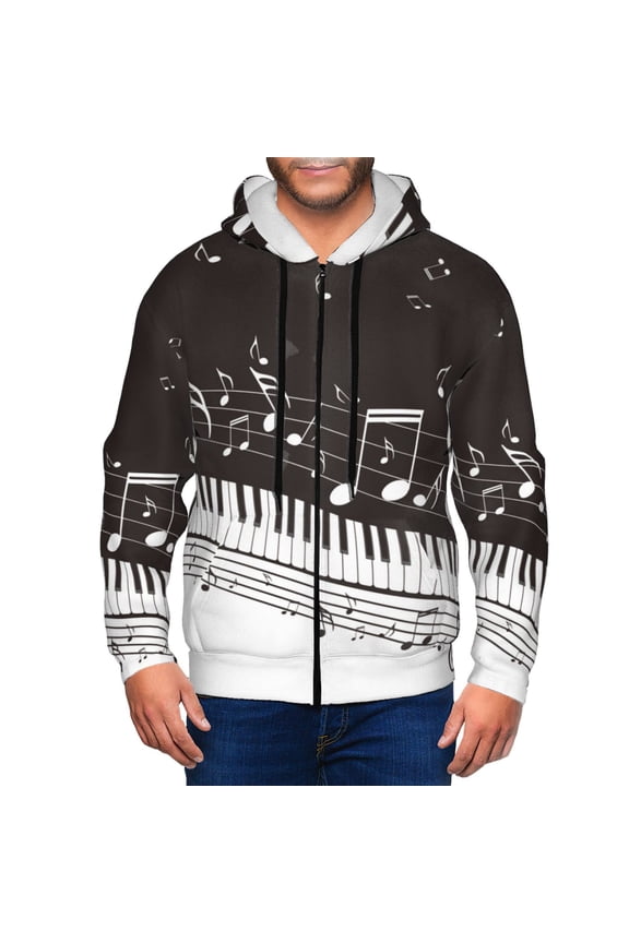 Piano Keys With Musical Notes Print Hoodies for Men, Pullover & Full Zip, Breathable Zip up Hoodie, Sweatshirt-Small