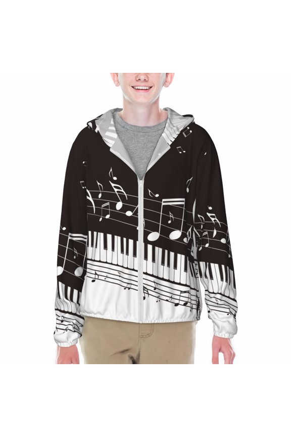 Piano Keys With Musical Notes Print Sun Protection Jacket Hooded Cooling Shirt with Pockets Hiking Outdoor Performance-Small