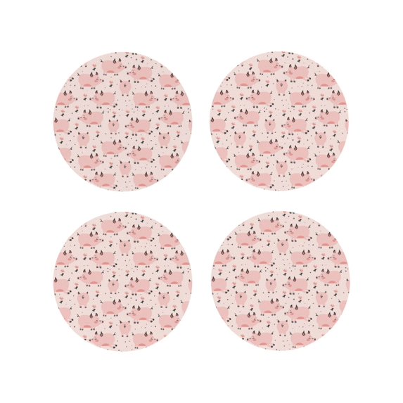 Honeii Pig print Leather Coaster Set of 4, ideal for safeguarding your furniture from drinks spills and effortless cleanup-Round Shape
