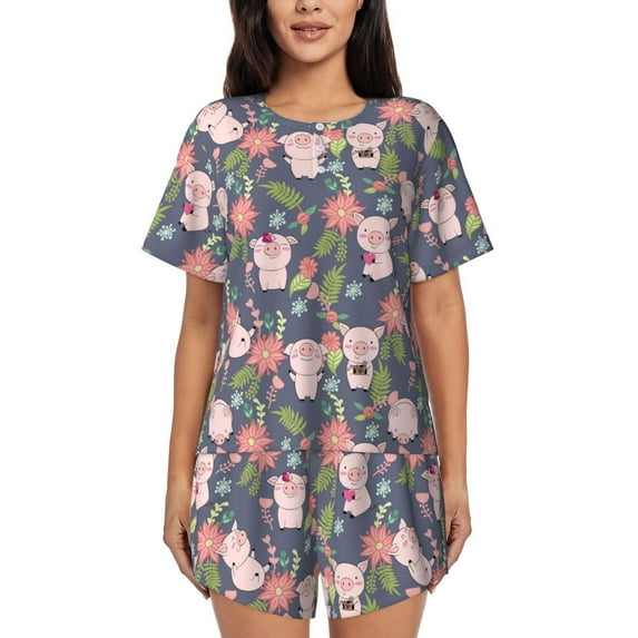 Honeii Pigs 1 for Women's Summer Pajama Set featuring Soft Short Sleeve Shirt & Matching Bottoms with Convenient Pockets for Relaxed Home Wear-Small