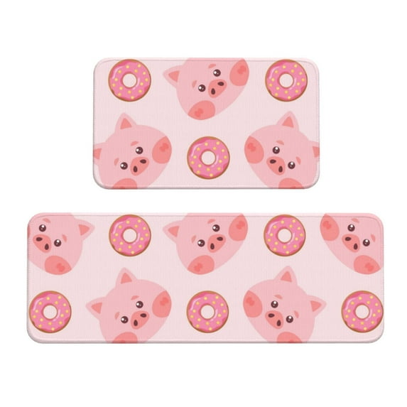 Honeii Pigs Head And Donuts Print Kitchen Mat [2 PCS] for Floor, Waterproof Non-Slip Rugs, Kitchen Decor,Standing Mat for Floor,Office, Sink, Laundry