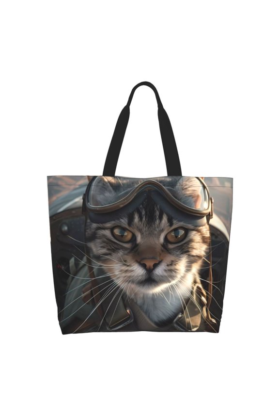 Pilot Cat In Vintage Plane Print Tote Bag for Women, Foldable Tote Bag Large Shoulder Bag Top Handle Handbag for Travel, Work