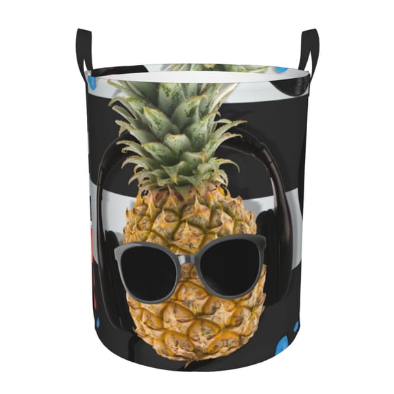 Honeii Pineapple With Black Glasses Print Laundry Hamper Basket,Baby Nursery Woven Storage Basket for Toys Bin,Pillows,Blankets,Clothes-Small