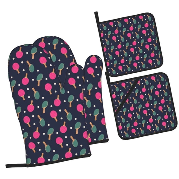 Honeii Ping Pong Rackets And Balls Pattern Oven Mitts and Pot Holders, Silicone Oven Gloves,500 F Heat Resistant Oven Mitts Sets, 4PCS