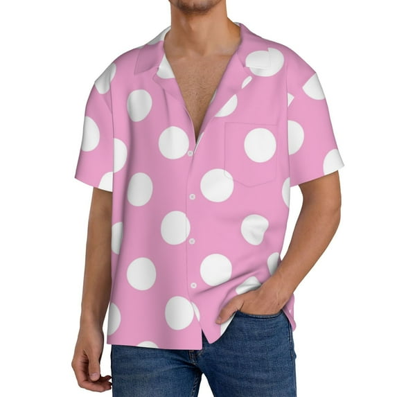 Honeii Pink And White Polka Dot for Men's Short-Sleeved Button-Up Collared Shirt Featuring A Pocket, Perfect for Beach Vacations, And Travel Adventures.-XX-Large