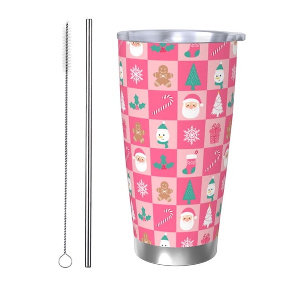Honeii Pink Christmas Cheer Print 20OZ Car Cup, Insulated Stainless Steel Travel Mug with Lid and Straw, Keep Your Drinks Hot and Cold-Straw Two-piece Set