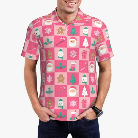 Honeii Pink Christmas Cheer Print Polo Shirt, A Classic Short-Sleeved, Button-Down Golf Shirt for Men,Mens Polo Shirts Short Sleeve-XX-Large