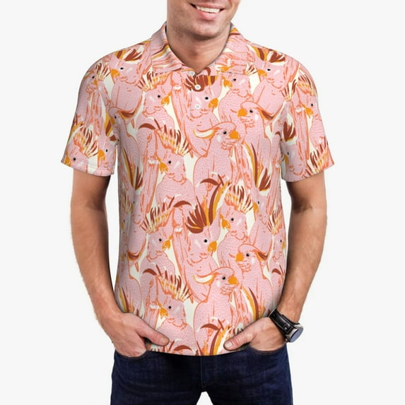 Honeii Pink Cockatoo Birds Print Polo Shirt, A Classic Short-Sleeved, Button-Down Golf Shirt for Men,Mens Polo Shirts Short Sleeve-Large