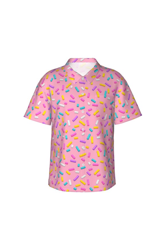 Pink Donut Print Men’s Hawaiian Shirt,Classic Button-Down Short Sleeve Shirt, for Beach, Vacation, and Outdoor Activities,Medium