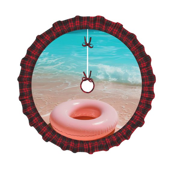 Honeii Pink Float Ring On Beach Pattern Christmas Tree Skirt, Christmas Ribbon Holly Winter Holiday Tree Mat Decoration-36"