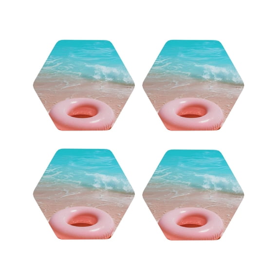 Honeii Pink Float Ring On Beach Print Leather Coaster Set of 4, Ideal for Safeguarding Your Furniture from Drinks Spills and Effortless Cleanup-Hexagon