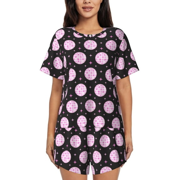 Honeii Pink Groovy Disco Ball for Women's Summer Pajama Set featuring Soft Short Sleeve Shirt & Matching Bottoms with Convenient Pockets for Relaxed Home Wear-