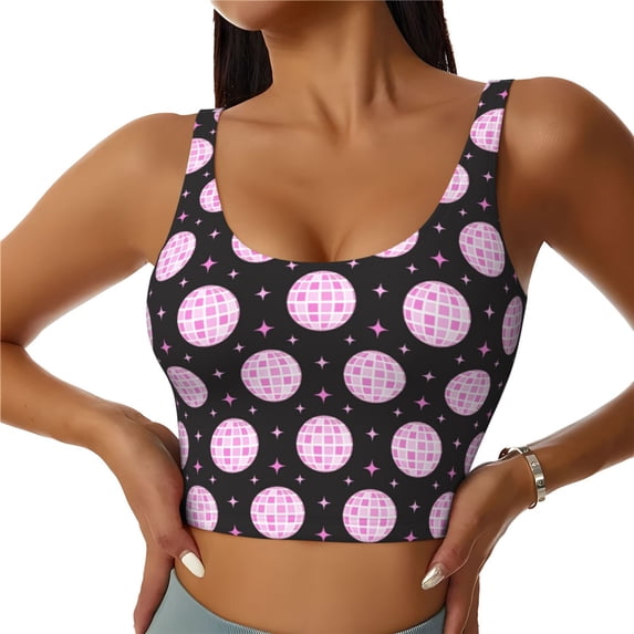 Honeii Pink Groovy Disco Ball patten Workout Crop Tank Top for Women Yoga Tank Tops Athletic Sports Shirts Exercise Undershirts,Sports Bra,Sports vest-Medium