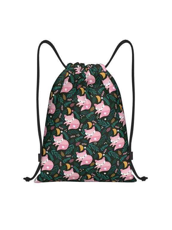 Pink Sleeping Fox Print Drawstring Backpack,Drawstring Bags String Backpack Gym Cinch Sack Backpack Sport Bag Draw-