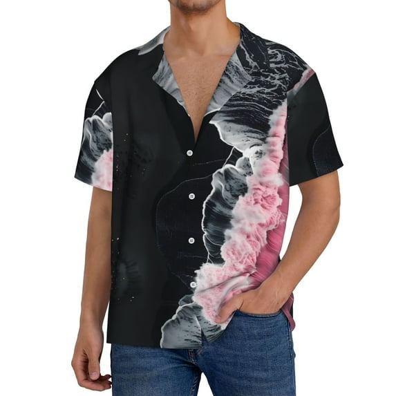 Honeii Pink White Ocean Waves for Men's Short-Sleeved Button-Up Collared Shirt Featuring A Pocket, Perfect for Beach Vacations, And Travel Adventures.-Medium