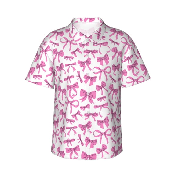 Honeii Pink bows Print Men’s Hawaiian Shirt,Classic Button-Down Short Sleeve Shirt, for Beach, Vacation, and Outdoor Activities,Small