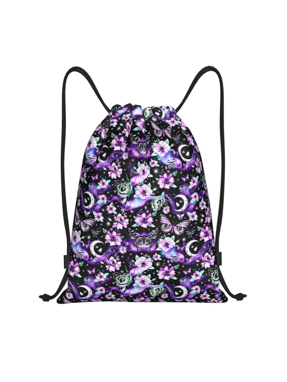 Pink purple rainbow flower butterfly Print Drawstring Backpack,Drawstring Bags String Backpack Gym Cinch Sack Backpack Sport Bag Draw-Small