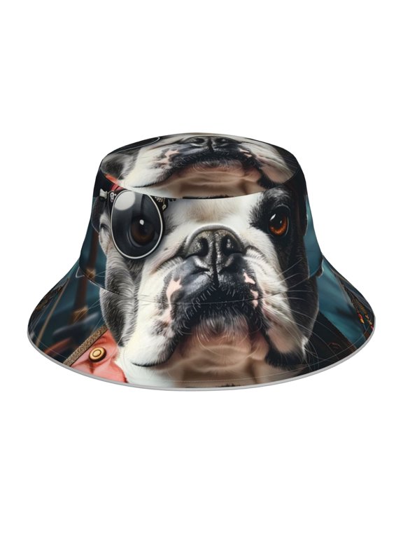 Pirate Bulldog On Deck for Unisex Bucket Hat Waterproof Rain Hat Reversible Shiny Rave Bucket Hat for Concert Festival Boonie Cap