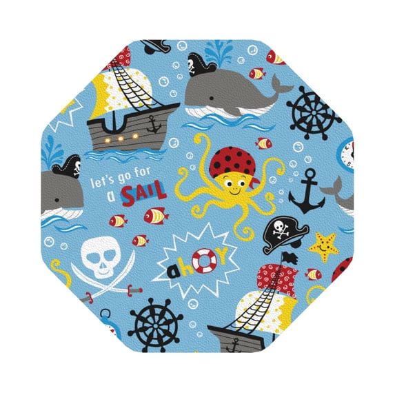 Honeii Pirate Marine Animals Print Leather Coaster Set of 6, Ideal for Safeguarding Your Furniture from Drinks Spills and Effortless Cleanup,Octagon