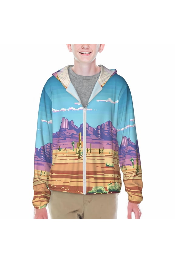 Pixel Desert Landscape Print Sun Protection Jacket Hooded Cooling Shirt with Pockets Hiking Outdoor Performance-X-Large