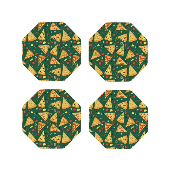 Honeii Pizza print Leather Coaster Set of 4, ideal for safeguarding your furniture from drinks spills and effortless cleanup-Octagon