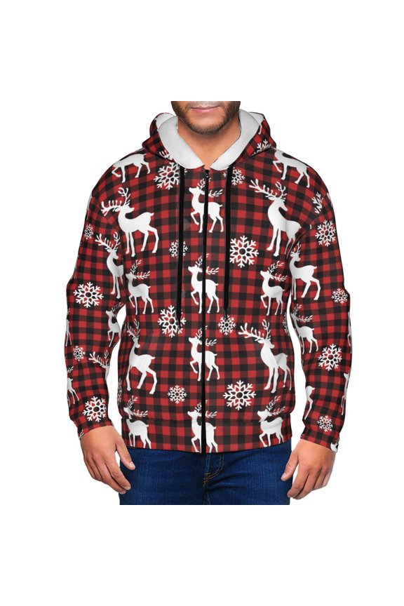 Plaid Reindeer Snowflakes Print Hoodies for Men, Pullover & Full Zip, Breathable Zip up Hoodie, Sweatshirt-XX-Large