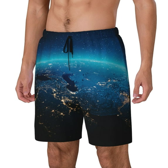 Honeii Planet Earth Print Men's Swim Shorts,Mens Swim Trunks,Breathable Mesh Beach Shorts for Swimming,Surfing, and Beach Activities-X-Large