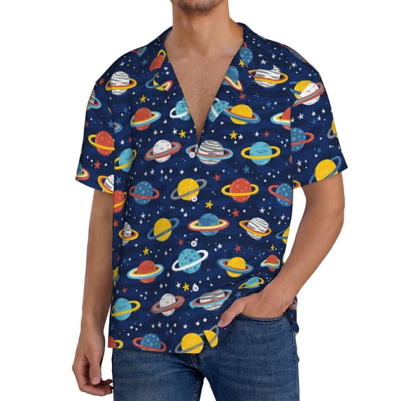 Honeii Planets And Stars for Men's Short-Sleeved Button-Up Collared Shirt Featuring A Pocket, Perfect for Beach Vacations, And Travel Adventures.-X-Large
