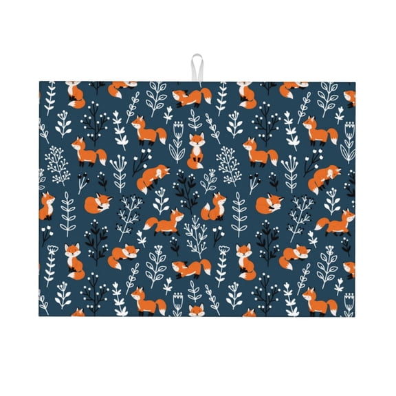 Honeii Playful Foxes Forest Blues Print Kitchen Drying Mat Coffee Bar Mat Hide Stain Coffee Maker Mat for Countertops Coffee Pot Dish Drying Mat