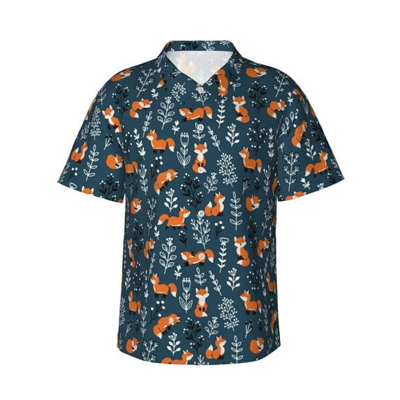 Honeii Playful Foxes Forest Blues Print Men’s Hawaiian Shirt,Classic Button-Down Short Sleeve Shirt, for Beach, Vacation, and Outdoor Activities,X-Large
