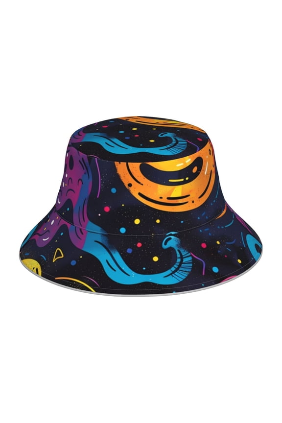 Playful Ghosts Night Sky for Unisex Bucket Hat Waterproof Rain Hat Reversible Shiny Rave Bucket Hat for Concert Festival Boonie Cap