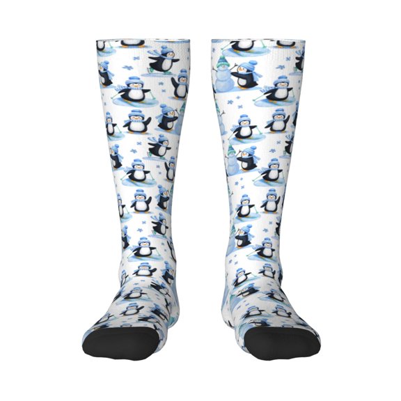 Honeii Playful Penguins and Snowmen Print Long Socks,Novelty Design Socks Gift for Men and Women,Crew Socks,Calf Socks