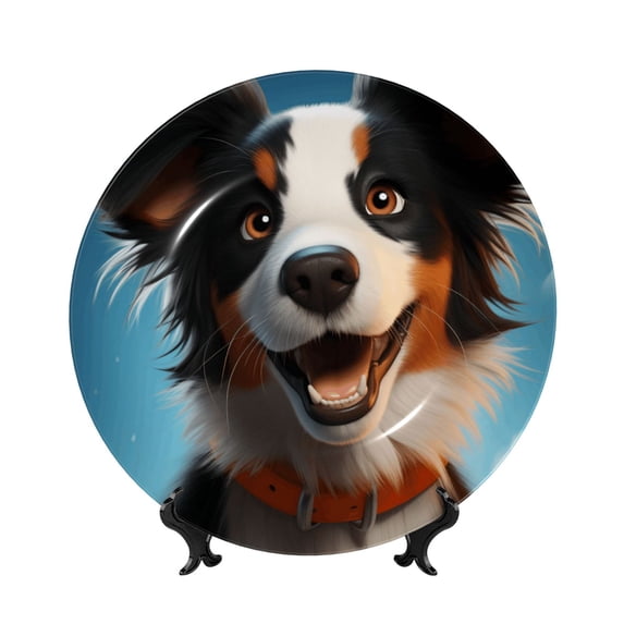 Honeii Playful Smile Cute Dog Print Elegant Bone China Decorative Plate, Porcelain Plate,Art Crafts,Ceramic Ornaments for Home Office Wall Decor-6in