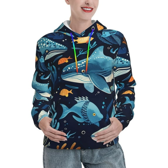Honeii Playful Whales Underwater Scene Pattern Womens Oversized Hoodies Long Sleeve Sweatshirts Pullover Fall Outfits with Pocket-XX-Large