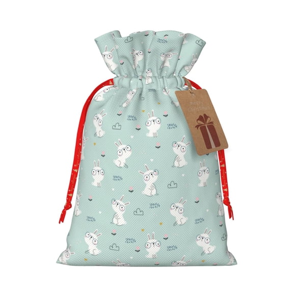 Honeii Playing Rabbit Print Small Burlap Bags,Christmas Drawstring Treat Bags Gift Bags Reusable Candy Goodie Wrapping Bags for Holiday Party Favors Supplies -Small