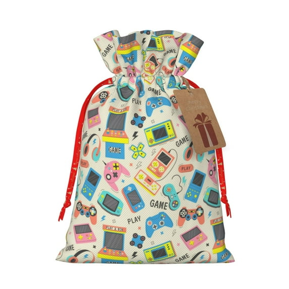 Honeii Playing Video Games Print Small Burlap Bags,Christmas Drawstring Treat Bags Gift Bags Reusable Candy Goodie Wrapping Bags for Holiday Party Favors Supplies -Small