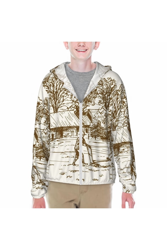 Plowed Field With Horses Print Sun Protection Jacket Hooded Cooling Shirt with Pockets Hiking Outdoor Performance-Small