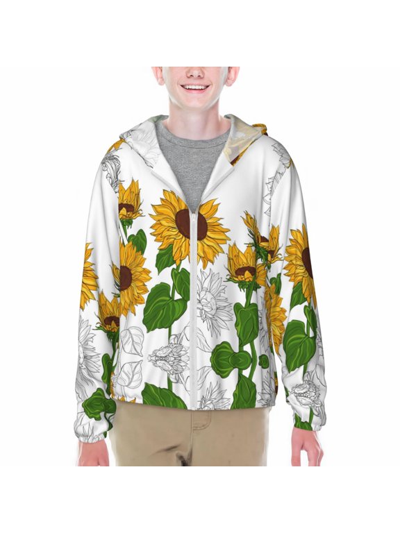 Plump Sunflower And Sketch Print Sun Protection Jacket Hooded Cooling Shirt with Pockets Hiking Outdoor Performance-X-Large