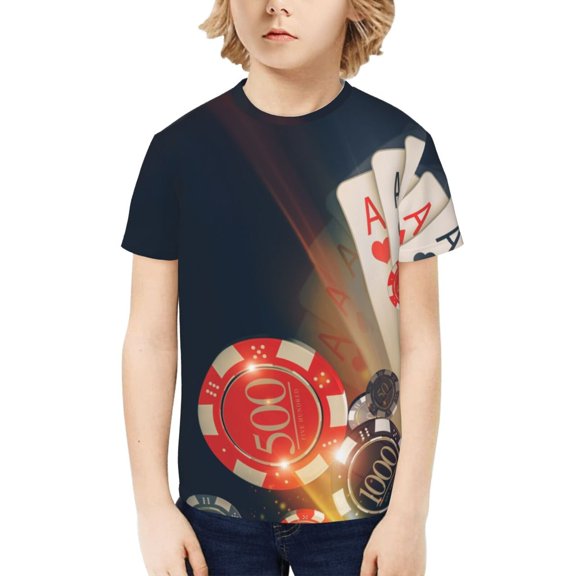 Honeii Poker Chips Print Kids Boy T-Shirt,Breathable Round Neck Tee,Stylish Summer Tee for Boys, for Outdoor Activities and Casual Wear