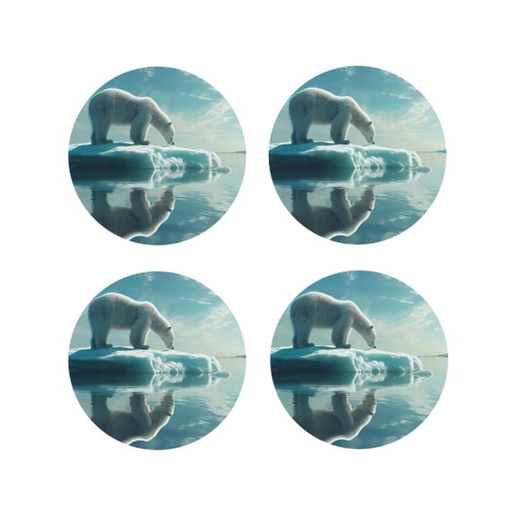 Honeii Polar Bear On Iceberg Print Leather Coaster Set of 4, Ideal for Safeguarding Your Furniture from Drinks Spills and Effortless Cleanup-Round Shape