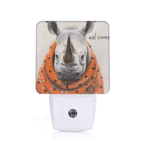 Honeii Polka Dot Rhino Welcome Print LED Night Light with Light Sensor, Night Lights Plug Into Wall,Ideal for Bedrooms and Hallways-US