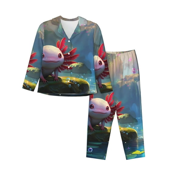 Honeii Pond Cute Axolotl print Women's Pajama Sets Long Sleeve Button Down Sleepwear Nightwear Soft Pjs Lounge Sets-X-Large
